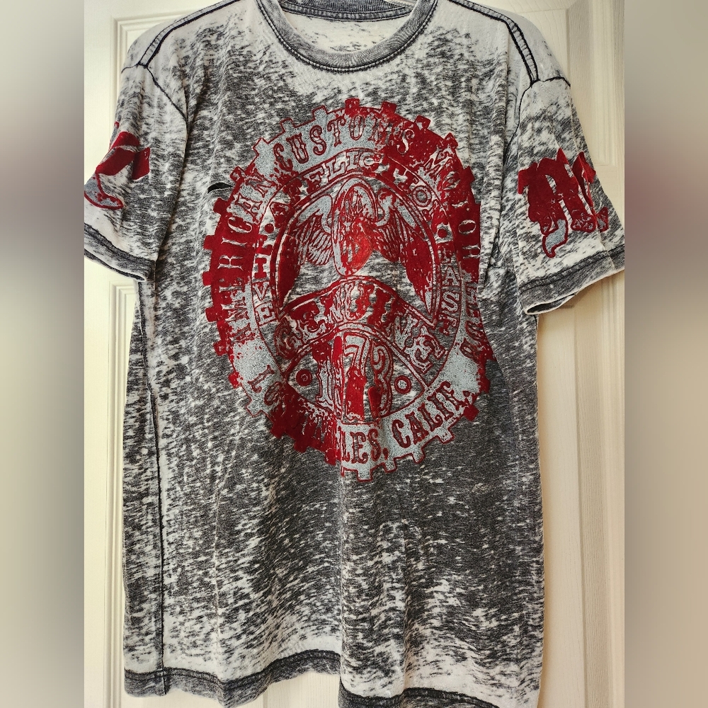 Affliction Men's Distressed Graphic T-Shirt - Red & Gray, Size L